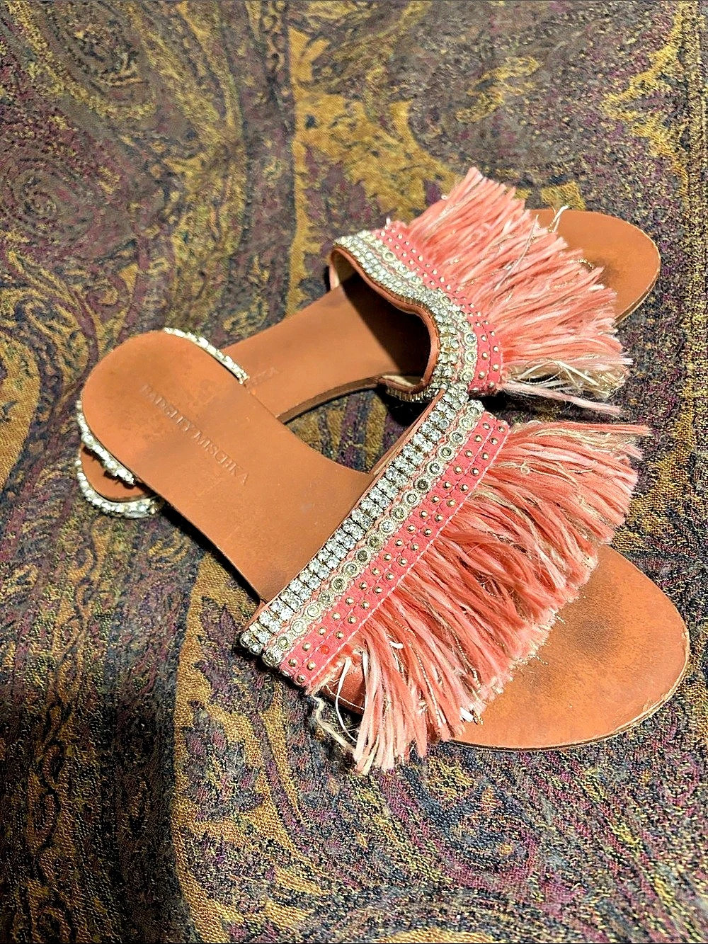Badgley Mischka Fringe Embellished Sandals in Pink & Brown